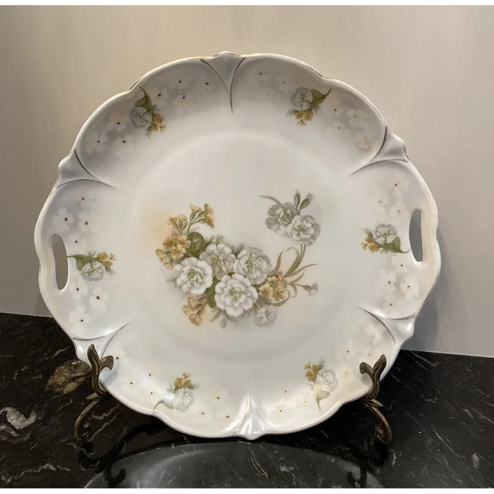 Antique Hand Painted Bavarian Plate w Handles Pearl White Lustrous 11